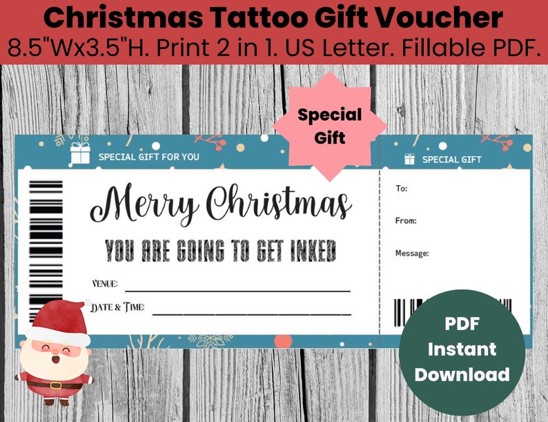 Personalized Christmas Tattoo Voucher Ticket Template Editable, Get