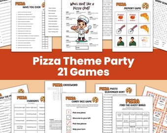 Bundel met pizza-feestspellen, pizza-avond, nationale pizzadag, achtertuinfeest, pizzarepetitiediner, pizza en filmtuinfeest