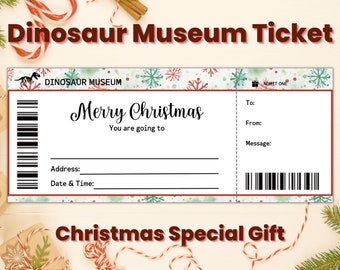 Peut inclure: Un billet de cadeau de Noël imprimable pour une visite au musée des dinosaures. Le billet a un motif de flocons de neige rouge et vert et dit "Joyeux Noël" et "Vous allez à..." avec des lignes vierges pour le nom du destinataire, l'adresse et la date et l'heure de la visite.