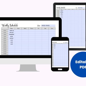 May include: A weekly schedule planner template displayed on a computer screen, tablet, and smartphone. The template is a grid with columns for each day of the week and rows for each hour of the day. The template is labeled "Weekly Schedule" and includes the date "8/9/22-15/9/22". The template is editable and can be downloaded as a PDF.