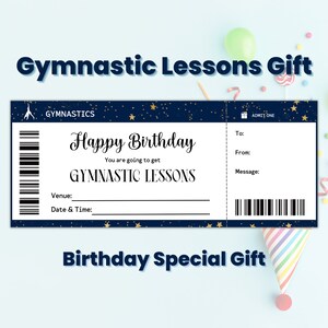 Può includere: Un biglietto blu e oro con stelle e il testo "Buon compleanno" e "Stai per ricevere LEZIONI DI GINNASTICA". Il biglietto ha uno spazio per scrivere "A:", "Da:", "Messaggio:", "Luogo:" e "Data e ora:". Il testo "Regalo speciale di compleanno" è sotto il biglietto.