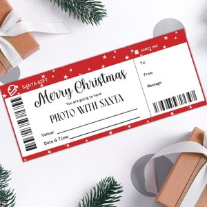 Fotos personalizadas con plantilla de boleto de Papá Noel editable, imagen con certificado de regalo de Papá Noel, tarjeta de vale de regalo de Navidad de último minuto