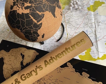 Gold Scratch off World Map, gepersonaliseerde reizigerskaart met aangepast bericht, logo of ontwerp, Travel Deco World Map Poster