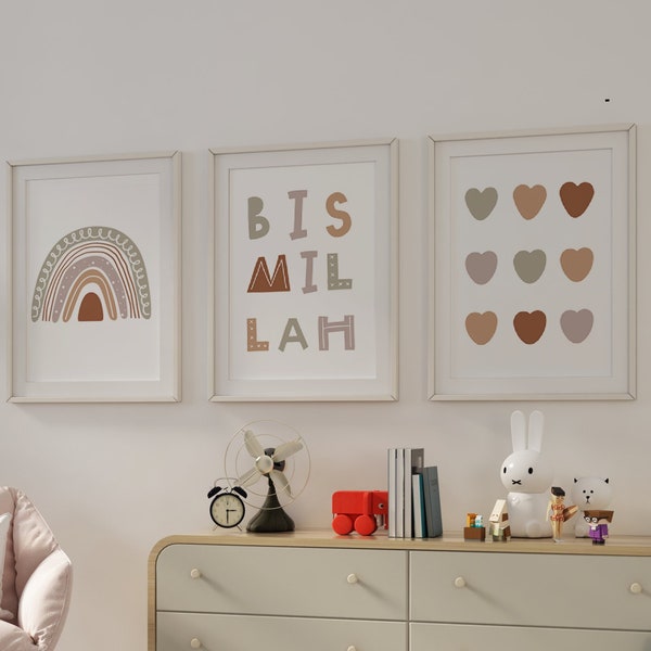 3 Baby Islam Posters | Child Islamic Framework Boho Rainbow Hart | Decoratie Baby Girl Room | Geboortegeschenk | Moslim Kwekerij