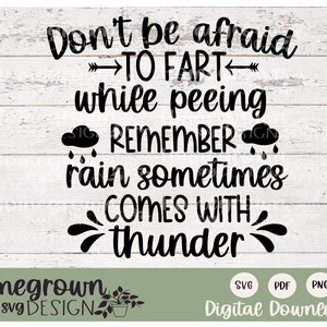 May include: Black and white text graphic on a wood background. The text reads "Don't be afraid to fart while peeing. Remember rain sometimes comes with thunder." The graphic also includes a cloud with raindrops and a lightning bolt.