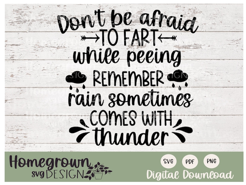 May include: Black and white text graphic on a wood background. The text reads "Don't be afraid to fart while peeing. Remember rain sometimes comes with thunder." The graphic also includes a cloud with raindrops and a lightning bolt.
