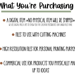 May include: A digital product listing for a digital item that can be used with cutting machines. The listing includes information about the product being a digital item, high resolution files for personal printing purposes, and commercial use for products you physically make up to 100x.