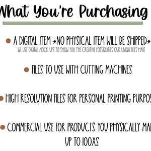 May include: A digital product listing for a digital item that can be used with cutting machines. The listing includes information about the product being a digital item, high resolution files for personal printing purposes, and commercial use for products you physically make up to 100x.
