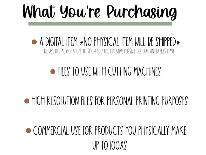 May include: A digital product listing for a digital item that can be used with cutting machines. The listing includes information about the product being a digital item, high resolution files for personal printing purposes, and commercial use for products you physically make up to 100x.