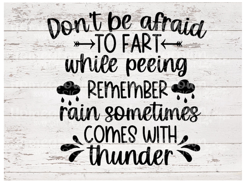 May include: Black and white text on a white wood background. The text reads: "Don't be afraid to fart while peeing. Remember rain sometimes comes with thunder."