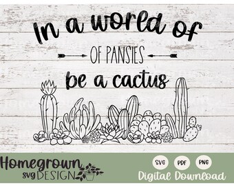 In A World Of Pansies Be A Cactus - Plant Humor SVG - Inspirational Plant Quote - Cactus Quote PDF - Digital Download