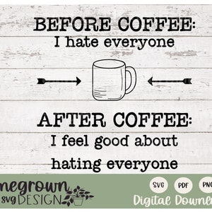 Antes del café odio a todos después del café Me siento bien por odiar a todos SVG - Café sarcástico SVG - Idea de regalo de compañero de trabajo - Camisa de café
