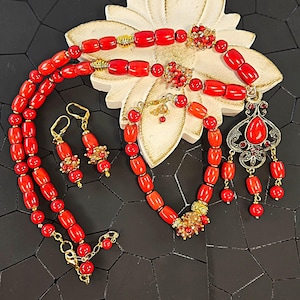 Natural Coral Jewelry Necklace with Pendant Luxury Bracelet Dangle Earrings Gift for Women Full jewelry set