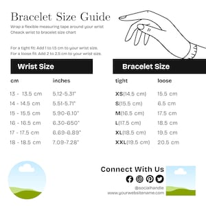 May include: A black and white bracelet size guide chart featuring a line drawing of a wrist with a measuring tape. The text includes instructions for tight and loose fits, a conversion table for cm and inches, and a list of sizes from XS to XXL.