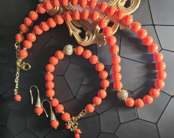 Orange Coral Jewelry Handmade Necklace Matching Bracelet & Earrings  for Women Jewelry Gift