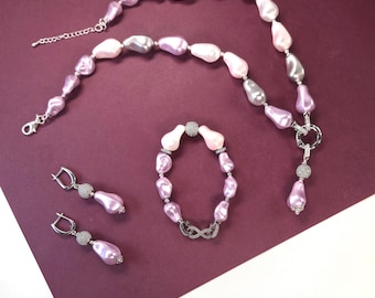 Pastel Pearl Jewelry Set in Lavender Pink Silver Tones Handmade Elegant Gift for Women