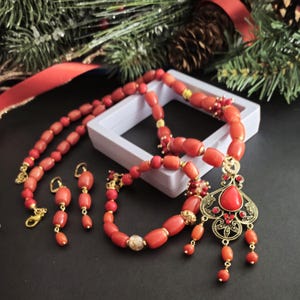 Natural Coral Jewelry Necklace with Pendant Luxury Bracelet Dangle Earrings Gift for Women image 16