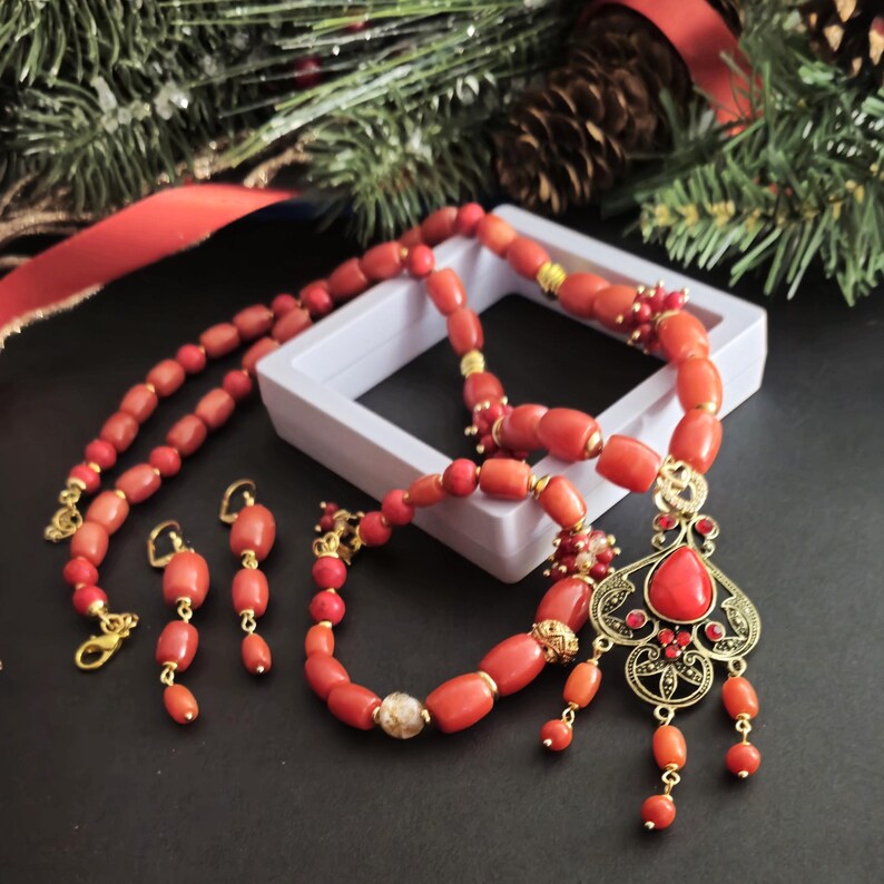 Natural Coral Jewelry Necklace with Pendant Luxury Bracelet Dangle Earrings Gift for Women image 16