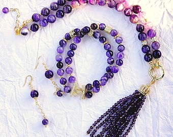 Amethyst Jewelry Necklace with Tassel Earrings Double Bracelet Purple Gift for Her Handmade Jewelry