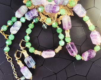 Natural Amethyst Jewelry Set Purple Green Gemstone Necklace Bracelet Earrings Gift for Her