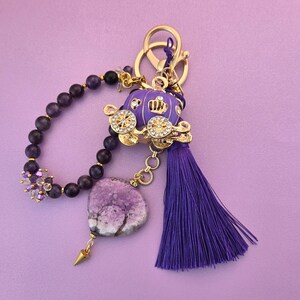Cinderella Purple Carriage Keychain, Natural Stone Bracelet, Heart Gem Charm. Violet Tassel Handmade Accessories