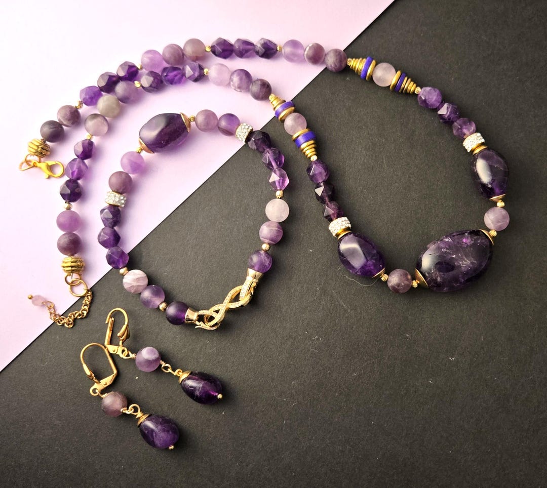 Amethyst Jewelry Set: Handmade Necklace, Bracelet & Dangle Earrings ...