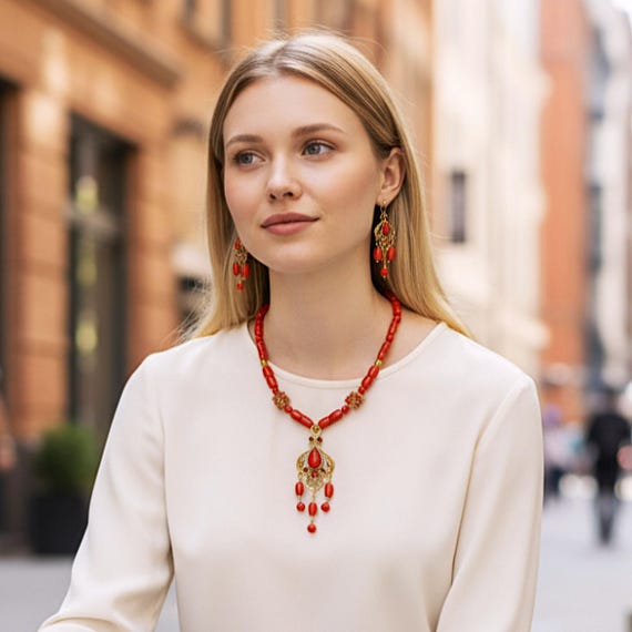 Handmade Orange Coral Jewelry Set, Gold Pendant Necklace, Bracelet, Earrings