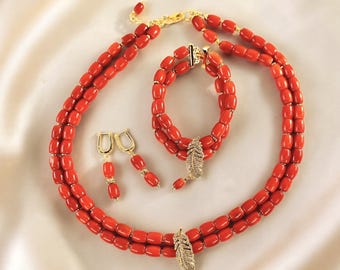 Red Coral Jewelry Set Necklace Bracelet Earrings Gold Crystal Leaf Pendant Gift for Her