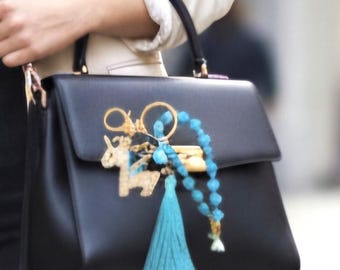 Blue Unicorn Crystal Purse Charm Keychain & Beaded Bracelet Gift for Women Silk Tassel Accessory
