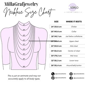 May include: A MillaGrafjewelry necklace size chart showing a diagram of a torso with various necklace lengths from 14 to 36 inches. A table lists sizes in inches and centimeters alongside their resting positions on the body, with social media icons.