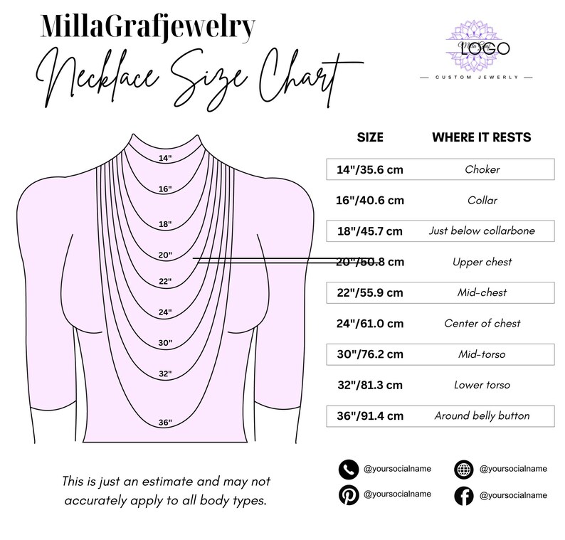 May include: A MillaGrafjewelry necklace size chart showing a diagram of a torso with various necklace lengths from 14 to 36 inches. A table lists sizes in inches and centimeters alongside their resting positions on the body, with social media icons.