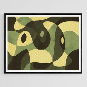 Mid Century Modern Wall Art Print, Green Yellow Abstract Geometric Scribble Print, Minimal Digital Download Art Poster, Shapes and Colors