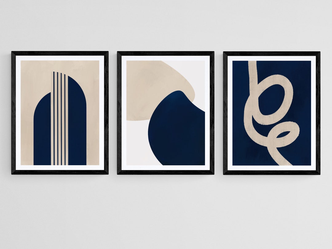 Navy Blue Wall Art Set of 3 Digital Prints Neutral (Instant Download