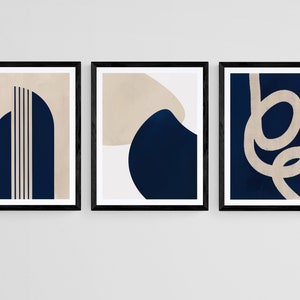 Ensemble d’art mural bleu marine de 3 impressions numériques, art mural abstrait minimaliste neutre, impressions de galerie modernes du milieu du siècle, décoration intérieure beige bleu