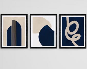 Conjunto de arte de parede azul marinho com 3 impressões digitais, arte de parede abstrata minimalista neutra, impressões de galeria modernas de meados do século, decoração de casa bege azul