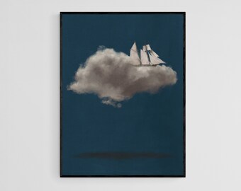 Ship Sailing Through A Cloud Painting Digital Art Print, Downloadable Modern Blue Printable Wall Art Decor for Home or Work