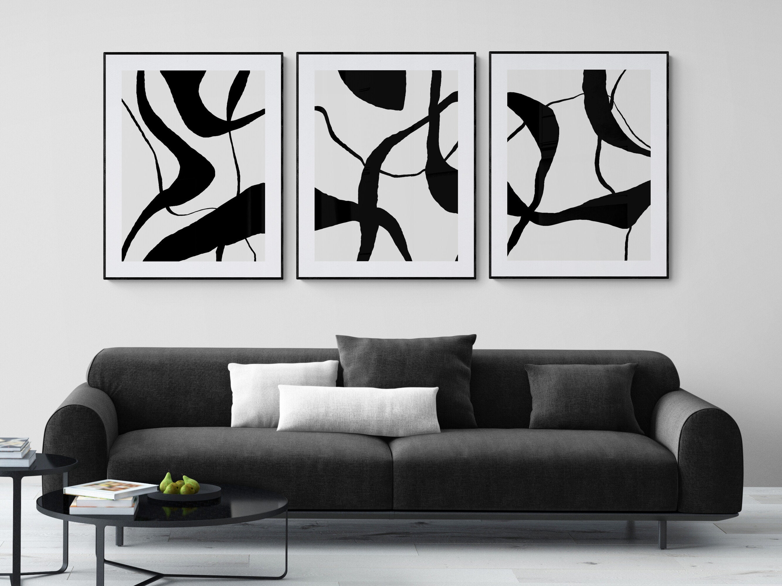 Black Abstract Art Prints Set of 3, Modern Black & White Minimalist ...