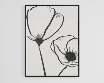 Minimal Poppy Flower Line Art, Floral Wall Art, Black and White Wall Art, Minimalist Room Decor, Neutral Wall Art Print, Printable Wall Art
