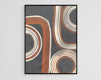 Abstract Boho Shapes and Lines Wall Art Print, Gray Rust Beige Printable Art, Burnt Orange Art Print, Abstract Gray Poster Digital Download