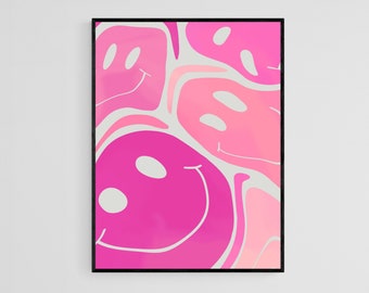 Rosa Smiley Print, Smiley Print, Smiley Wandkunst, Pinke Ästhetik, Retro Art Poster, Trendy Happy Face Print, Pink Vibes