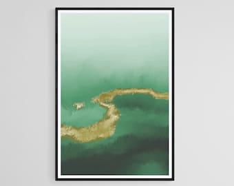 Emerald Green Wall Art, Modern Watercolor, Green and Golden River Art Print, Minimalist Home Decor, Digital Download, Printable Wall Art