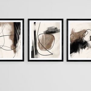 Modern Simple Neutral Brush Strokes Wall Art, Set of 3 Beige Black Prints, Simple Abstract Art, Minimalist Brush Strokes, Modern Line Art