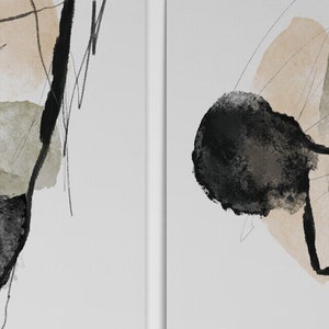 May include: Abstract art print with black, brown, and green watercolor shapes on a white background.