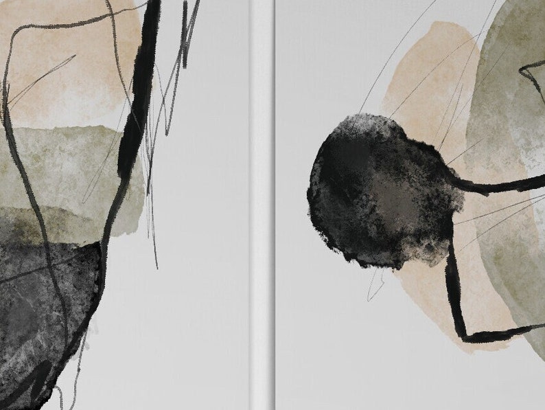 May include: Abstract art print with black, brown, and green watercolor shapes on a white background.