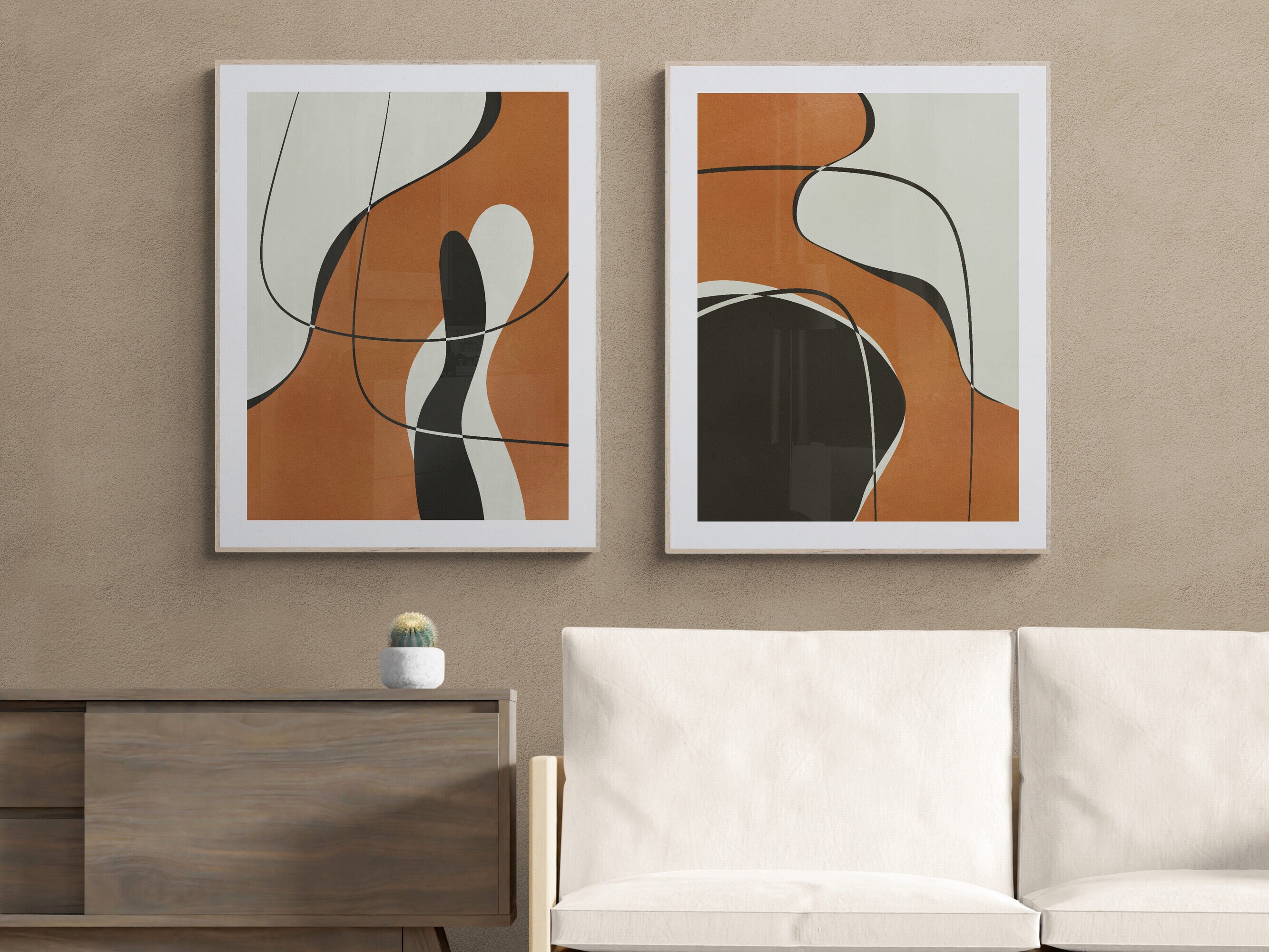 2 Piece Art Prints, Modern Minimalist Earth Tone Abstract Shapes Lines ...