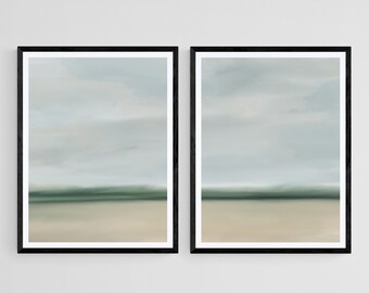 Neutral Land and Sky Landscape Printable Wall Art, Set of 2 Abstract Minimalist Landscape Art Prints, Minimal Green Blue Beige Landscape Art
