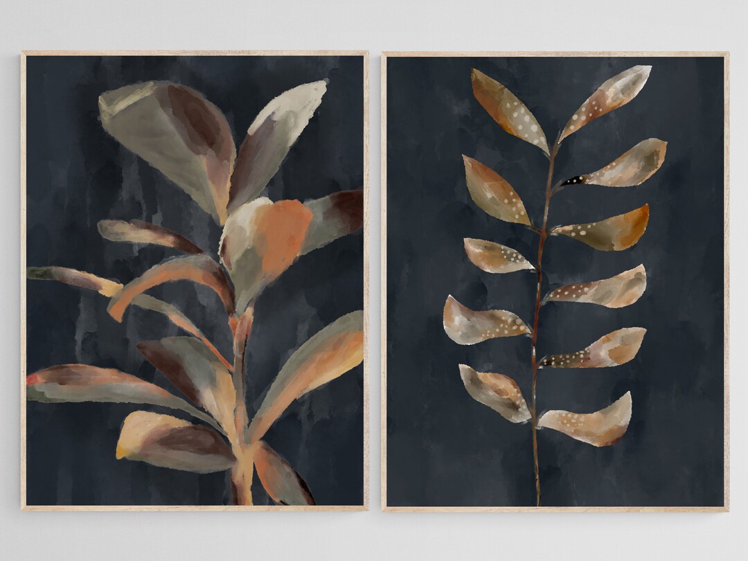 Abstract Botanical Leaves Printable Wall Art Set of 2, Navy Blue ...