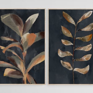 Abstrait Feuilles botaniques Imprimable Wall Art Set de 2, bleu marine neutre Boho Plantes florales Téléchargement Art numérique Impressions Décor de chambre