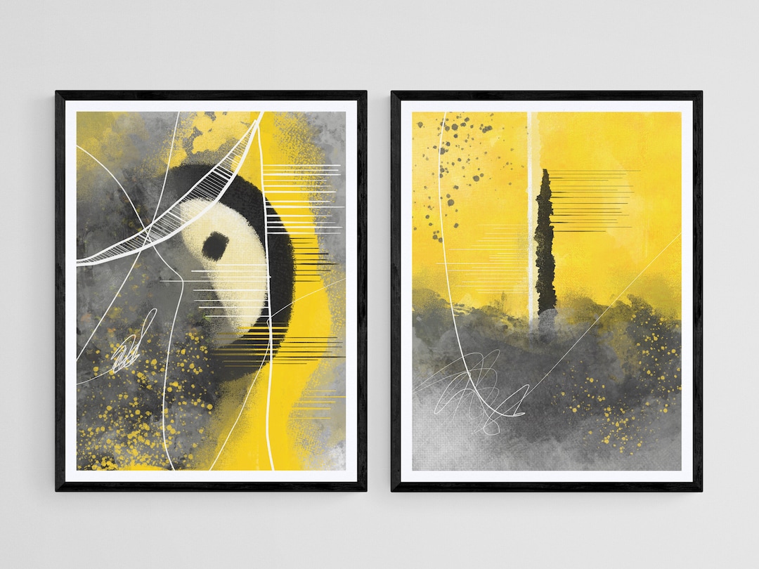 Set of 2 Yellow Gray Prints, Abstract Wall Art Set of 2, Yellow Gray ...