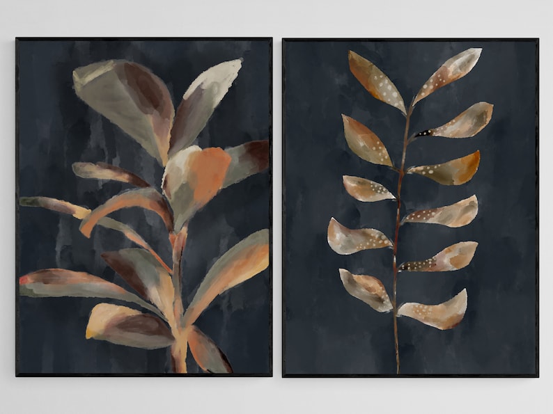 Abstract Botanical Leaves Printable Wall Art Set of 2, Navy Blue ...